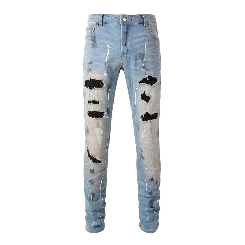 

Blue High Street Holes Black Crystals Patchwork Stretch Slim Fit Rhinestones Patches Distressed Ripped Graffiti Jeans Men