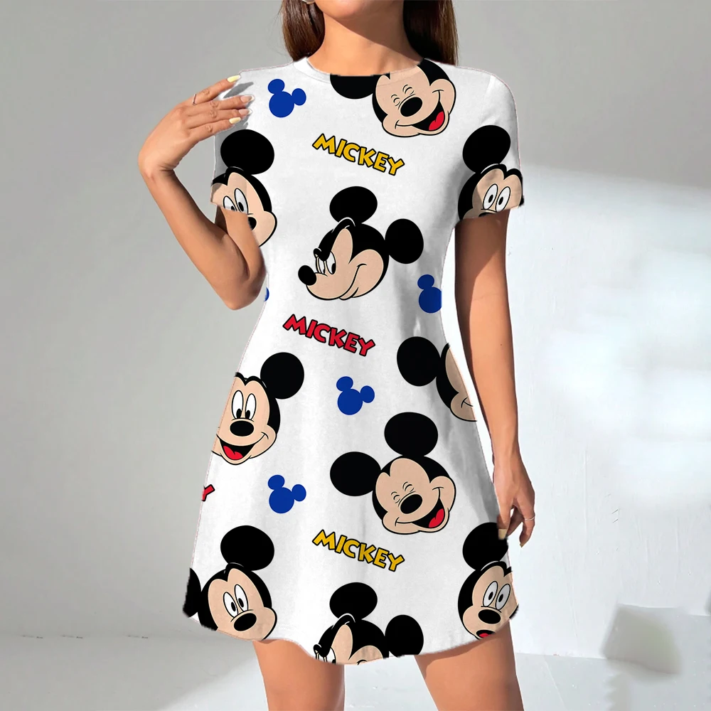 Disney Mickey Mouse print Women Summer Dresses Sex Bikini Short Sleeve Casual Beach T-shirt Dress Loose Swing Sundress ﻿