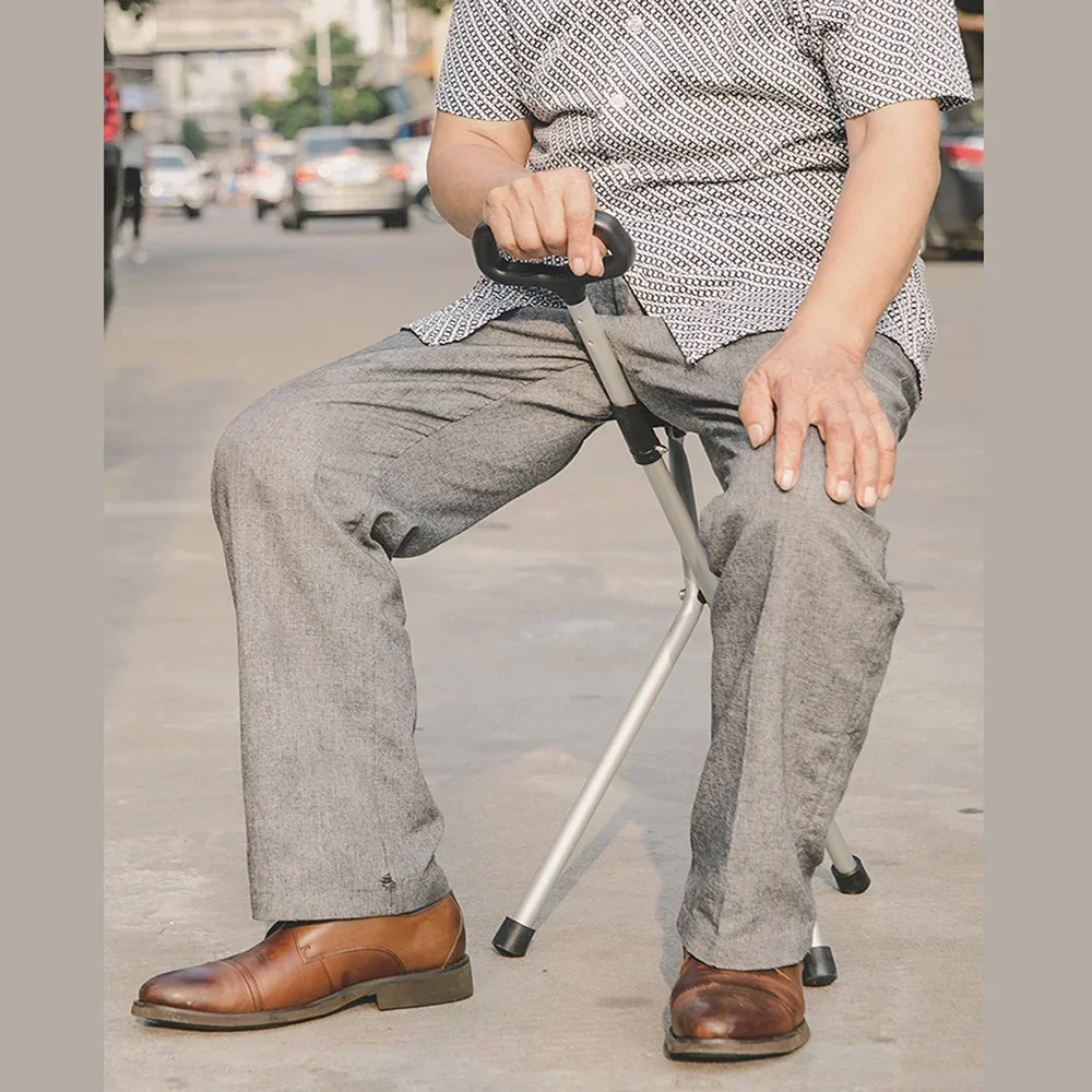 Adjustable Ultra-light Cane Chair, Non-slip Crutch with Seat for The Elderly, Foldable Walking Stick, Ultra-light Crutch Chair