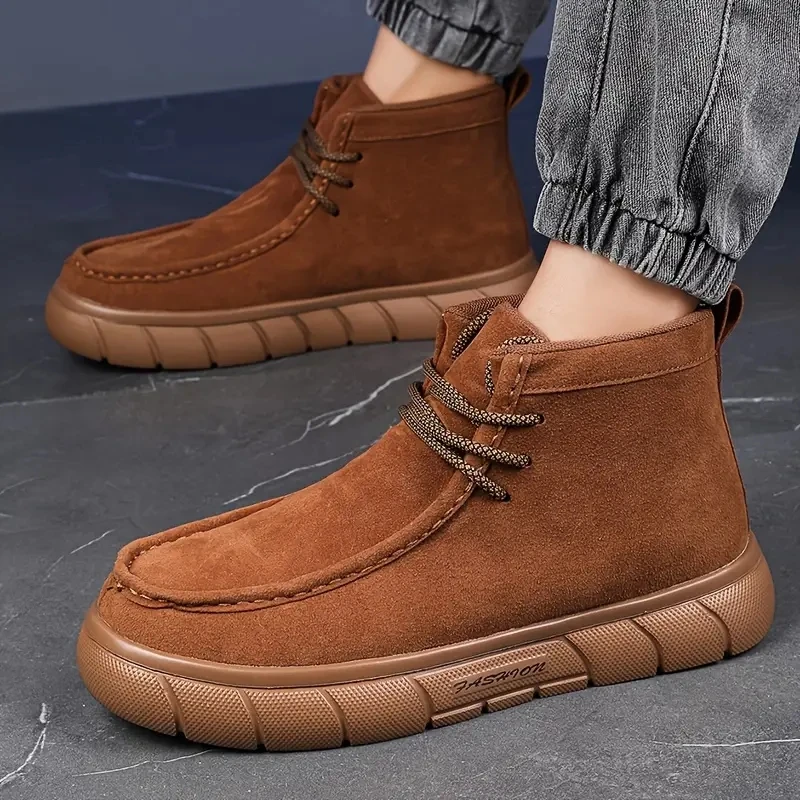 

YRZL Retro Brown Casual Shoes for Men Ankle Boots High Top Mens Winter Sneakers Comfortable Suede Leather Shoes Men