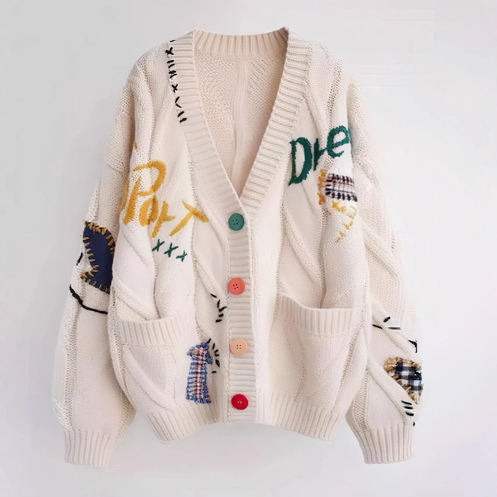 

Осень-зима 2021, вязаная одежда с карманами и пуговицами, корейский витой кардиган, женский свитер, свободное женское пальто с v-образным вырезом и вышивкой