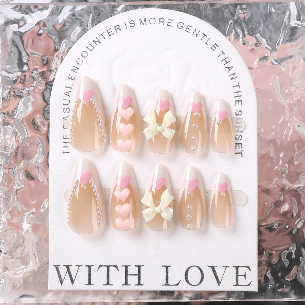 24Pcs Bowknot Almond Press on Fake Nails French False Nails with Pearl Bow Heart Design Wearable Full Cover False Nail Tips