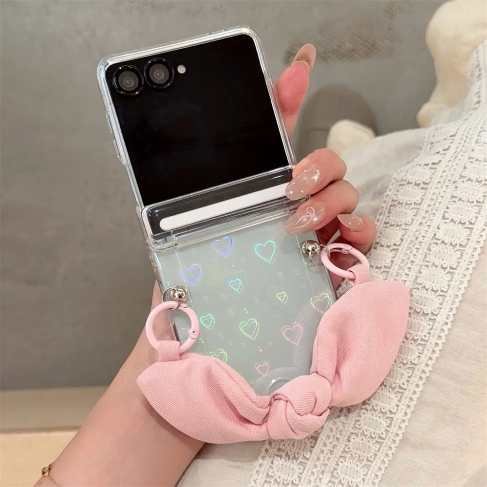 Cute Heart Phone Case For Samsung Galaxy Z Flip 8 7 6 5 4 3 Fabric Pink Bow Wristband PC Shockproof Protective Hard Cover Girls