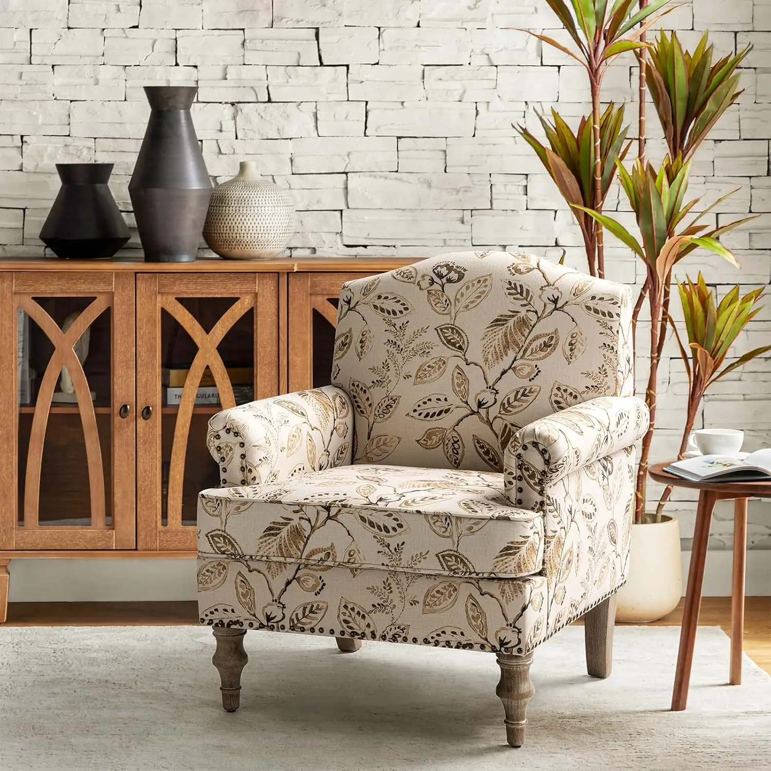 #Floral Upholstered Armchair Retro Wood Legs Nailhead Trim Living Room Bedroom Office Chair