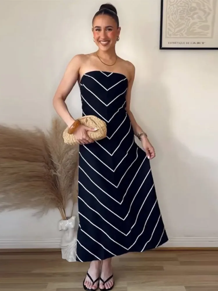 

Sexy Strapless Solid Striped Maxi Dress Women Fashionable Sleeveless High Waist Slim Fit Long Dresses Female Summer Chic Casual