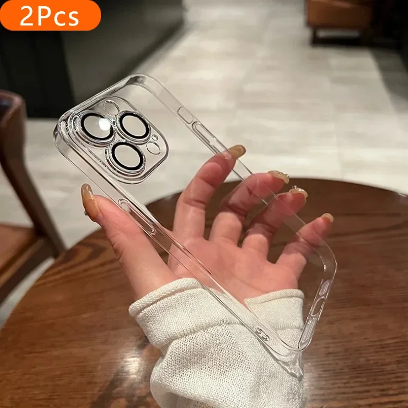 

2Pcs New With Lens Protector Transparent Phone Case For iPhone 13 12 14 15 Pro Max 14 15 Plus Clear Crystal Hard PC Shockproof C
