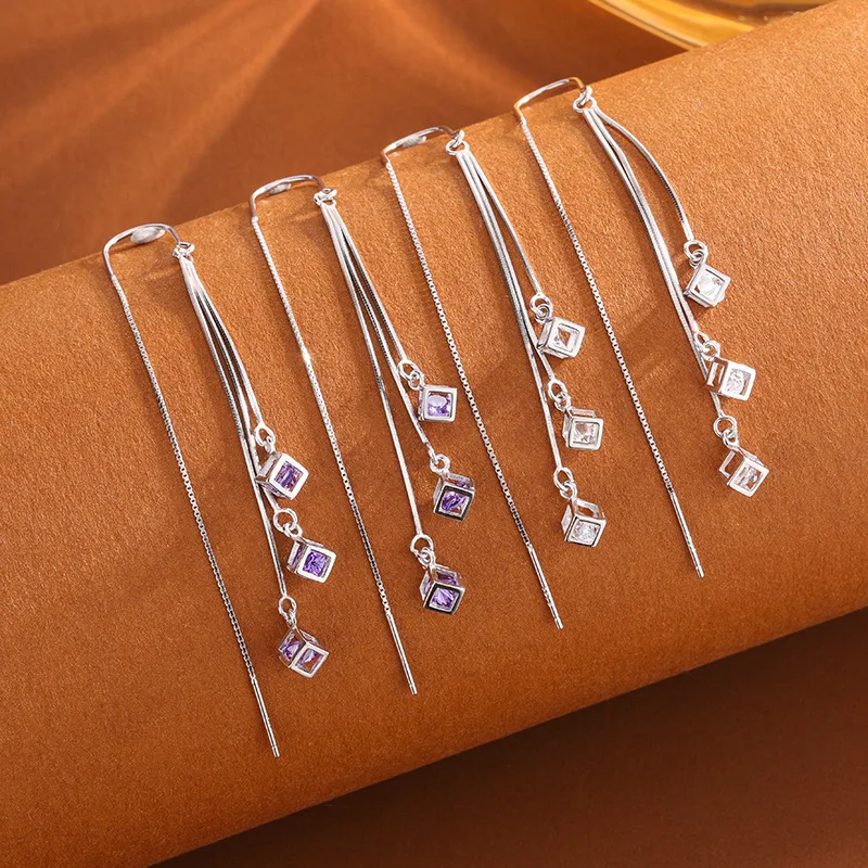 Moda elegante brincos para mulheres brilhante cristal zircônia quadrado cobre longo borla balançar orelha piercing linha acessório