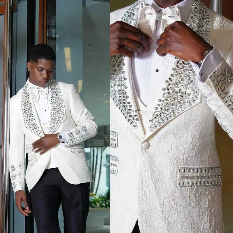 

Luxurious Jacquard Men Suits 2 Pieces Shawl Lapel One Button Pant Sets Crystals Groom Wedding Party Tuxedos Customized
