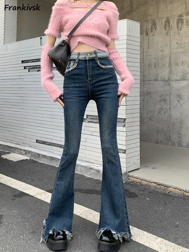 

Flare Jeans Women Tassel All-match Simple S-5XL Harajuku Denim Bleached High Street Slim Japanese Style Casual Fashion Trouser