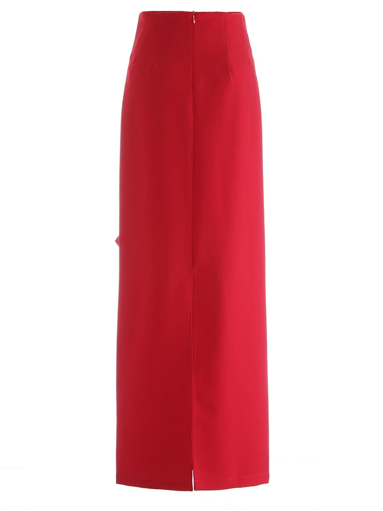 [EAM] High Waist Red Badnage Hollow Out Slit Elegant Long Half-body Skirt Women Fashion Tide New Spring Autumn 2024 1DH5225