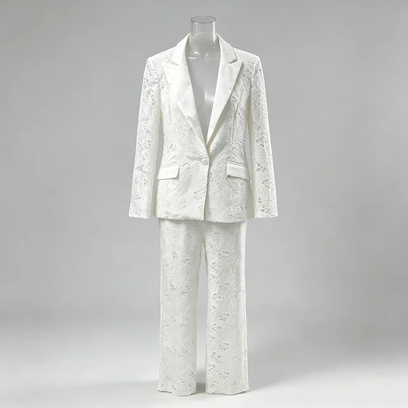 HKSH Women Suit Elegant Fashion Embroidered Hollow Out Design Vintage Blazer Trendy Niche Casual Straight Leg Long Pants HK27264