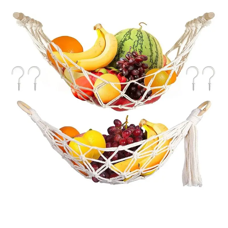 A20F-2PCS Hanging Fruit Hammock, Macrame Fruit Hammock Basket, Fruit Hammock For Kitchen Under Cabinet, Banana Fruit Hammock Dur