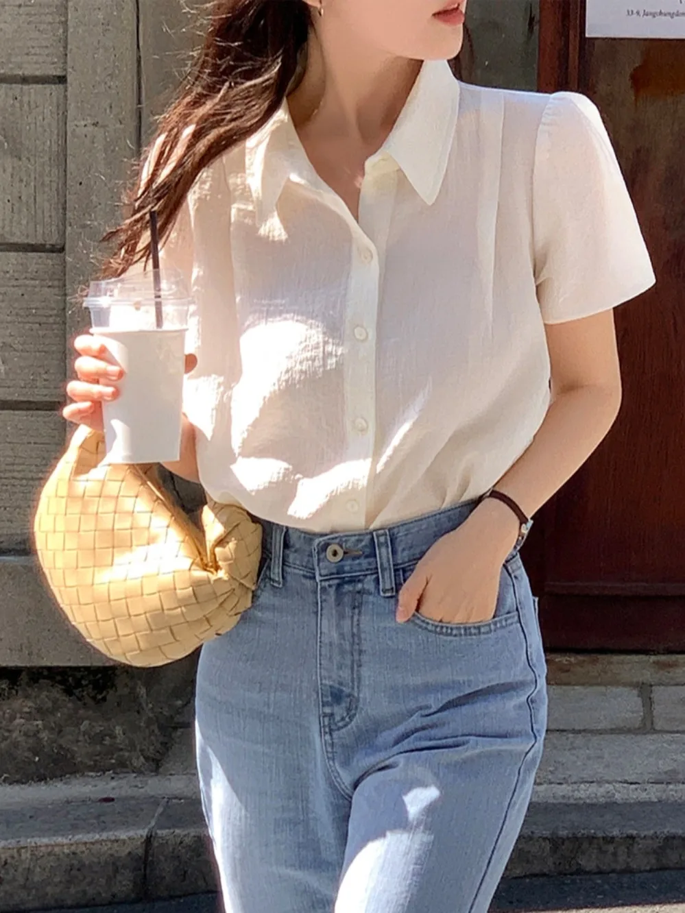 

Chic Vintage Summer Anti-Aging Gentle Personali Collar Single Button Bubble Sve Chiffon irt Top Women's Faion