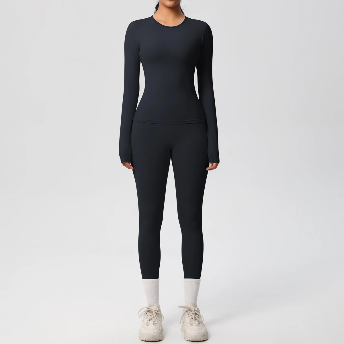 2-teiliges Sportbekleidungs-Yoga-Set, Fitnessstudio-Kleidung, Yoga-Anzüge für Damen, Fitness-Set, Trainingsanzüge, Sport, Langarm, bauchfreies Top, Gym-Leggings – Detail 8