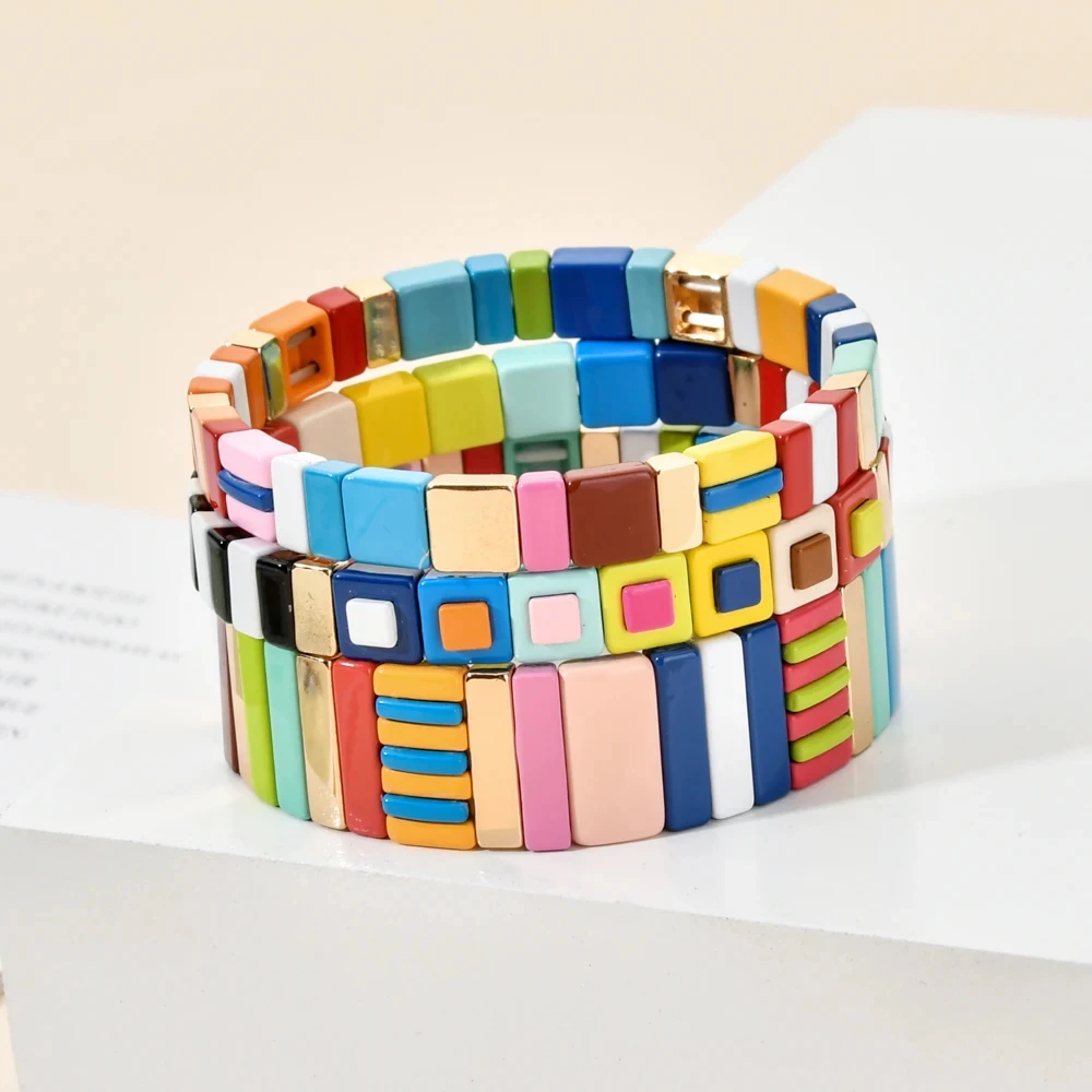 2024 New Fashion Enamel Bracelets Sets For Women Colorful Boho Hand Accessory Beaded Elastic Bangle