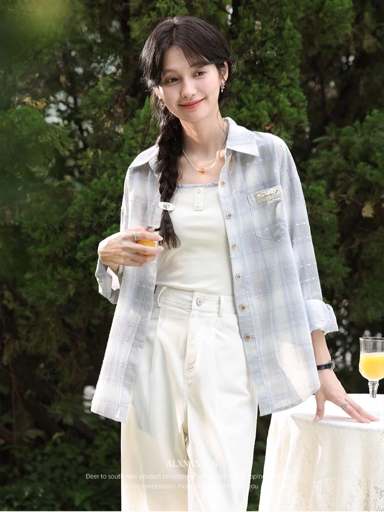 

ALXNAN синяя клетчатая рубашка женская с длинным рукавом защита от солнца тонкие хлопковые блузки повседневный элегантный свободный женский кардиган L55979-1