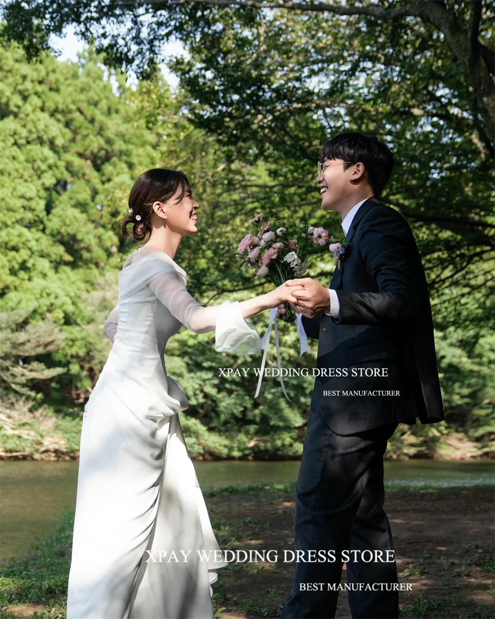 XPAY vestidos de novia de línea A de Corea con hombros descubiertos, mangas largas, vestidos de novia de jardín, sesión de fotos sin espalda, vestido de novia de Organza