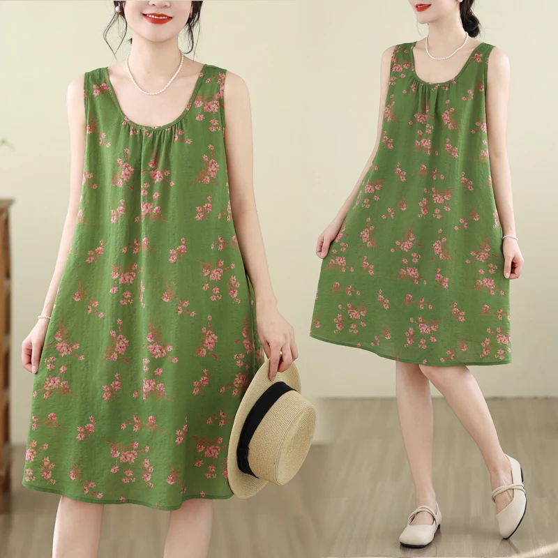 

Summer Loose Cotton Linen Print Dress round Neck Sleeveless A-Line Skirt Large Size Women's Clothing Artistic Style Citywalk