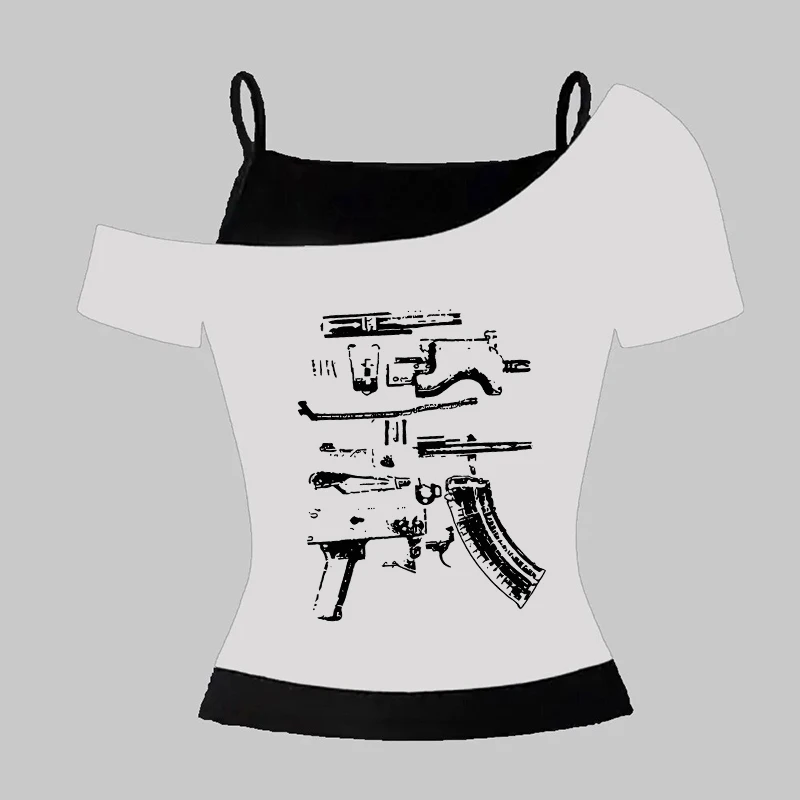 

Модные повседневные тонкие футболки с короткими рукавами Y2K, уличная одежда, винтажный укороченный топ с эстетикой, Harajuku, креативные футболки с рисунком пистолета и принтом