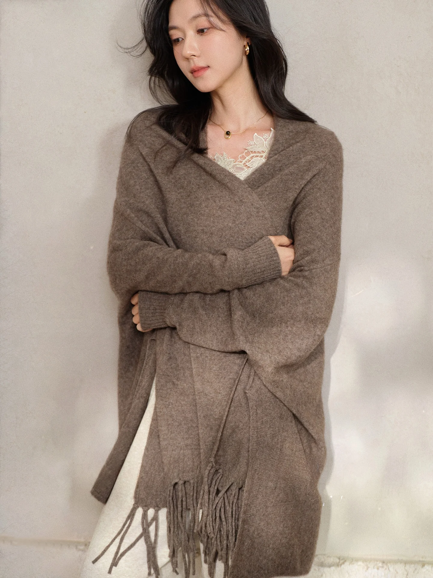 

Женская шерстяная куртка с запахом на плечах, повседневная верхняя одежда, открытый кардиган, свитер, пальто коричневого кофейного цвета, осень-зима