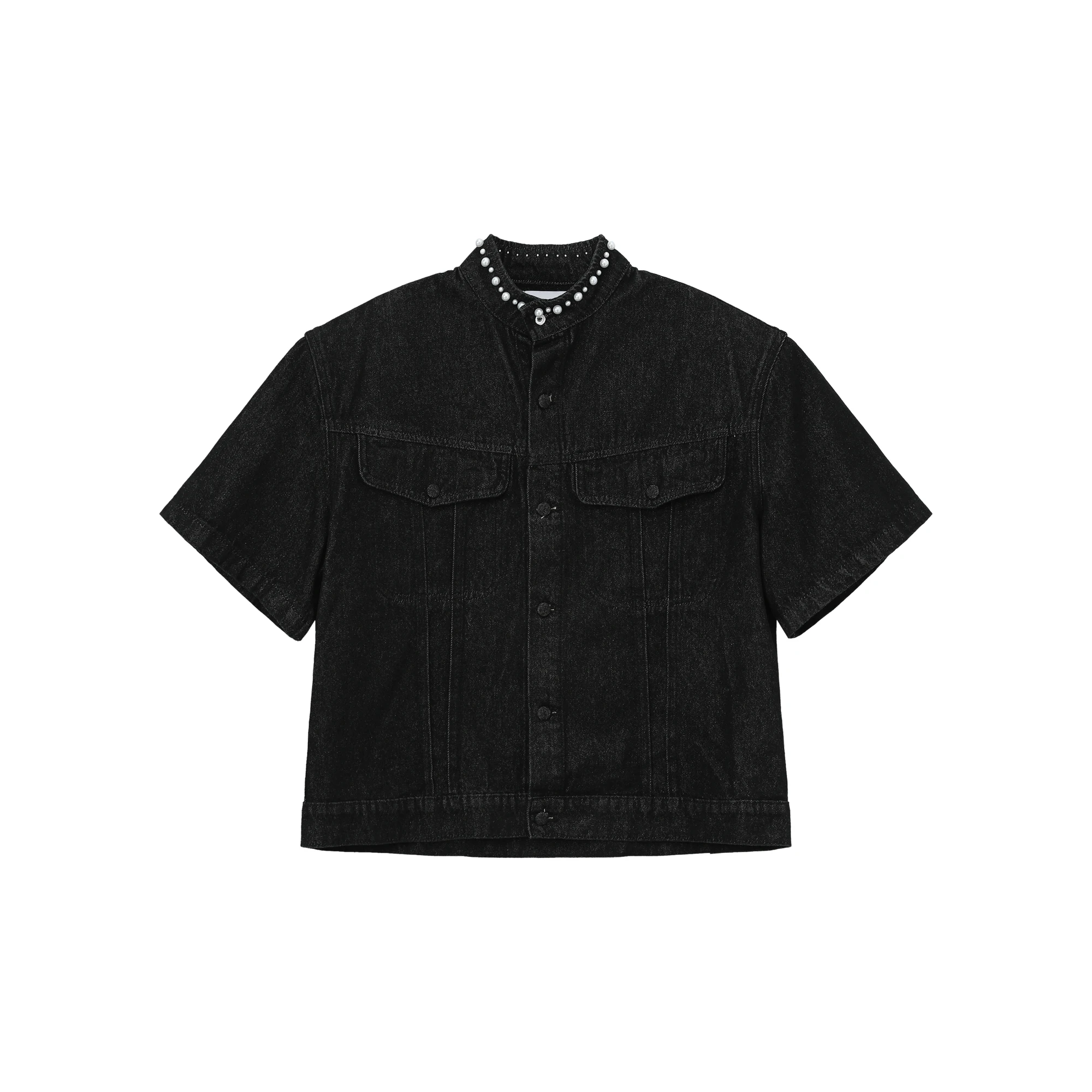 2025 Men's Summer New Pearl Collar Padded Shoulder Short Sleeve Denim Jackets High-end Solid Color Loose Straight-leg Jeans Sets