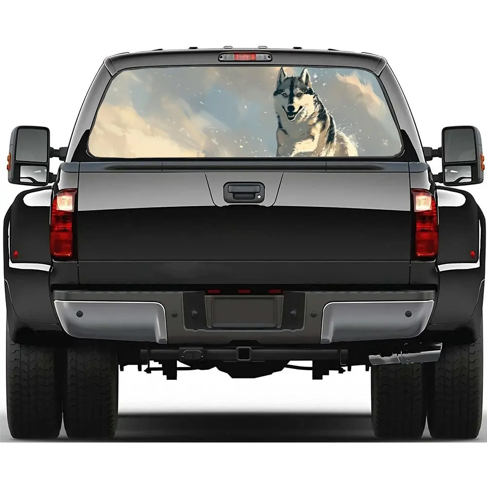 

Хаски бегущий в снегу принт наклейка на заднее лобовое стекло автомобиля окно грузовика прозрачная перфорированная виниловая наклейка на заднее окно украшение