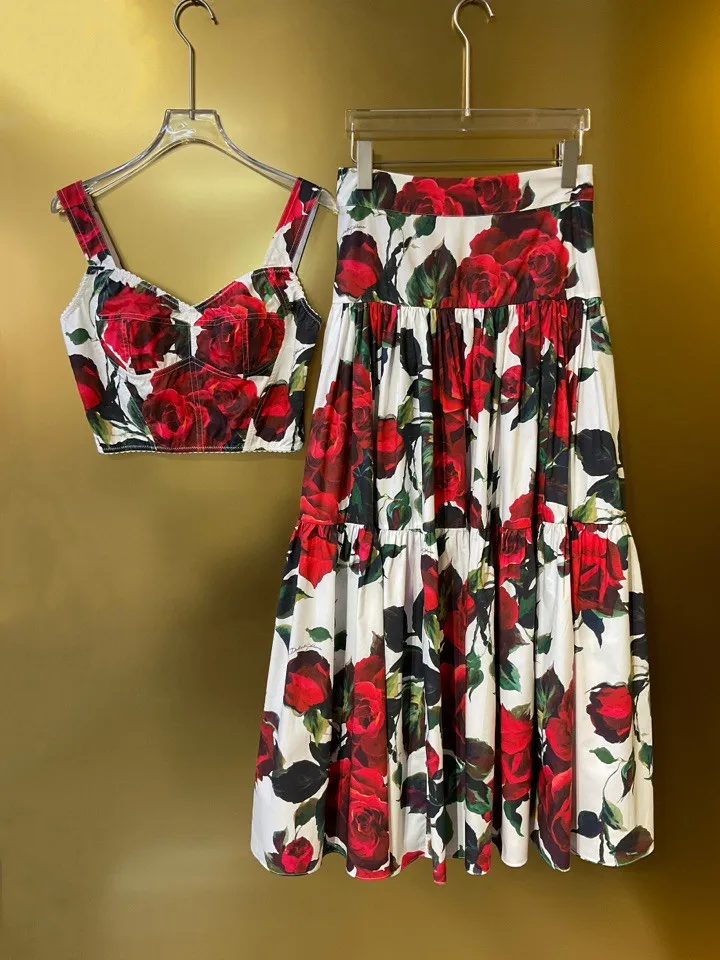 2025 New Summer Women's Flowy Rose Print Cotton Corset Top Maxi Skirt 2 Piece Set  Vacation Beach Outfit  High Quality Boho Chic