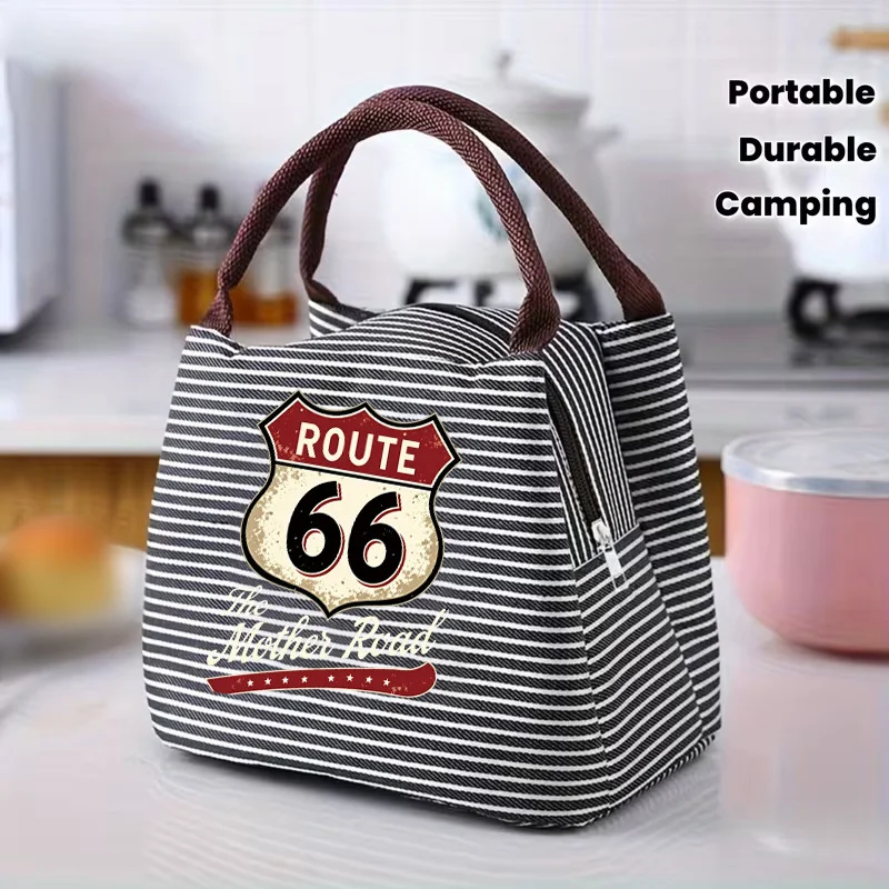 Vintage Route 66 Printed Striped Handbag, Featuring Black and White Stripes Paired with a Distressed Road Sign Print Tote Bag