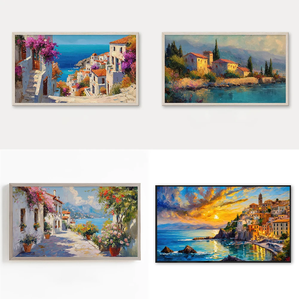Mediterranean Harbor Fishing Boats Oil Painting Prints Tuscan Italian Seaside Nautical Seascape Ocean Summer Coastal Decor