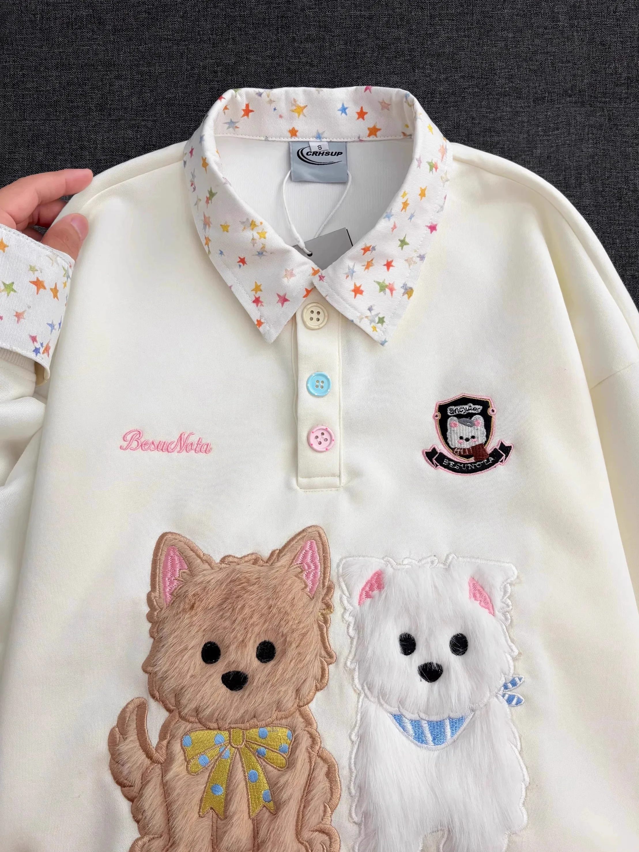 

Корейская толстовка с вышивкой и отложным воротником, женская, осенне-зимняя, утепленная, свободного кроя, на флисовой подкладке, имитация двухслойной куртки