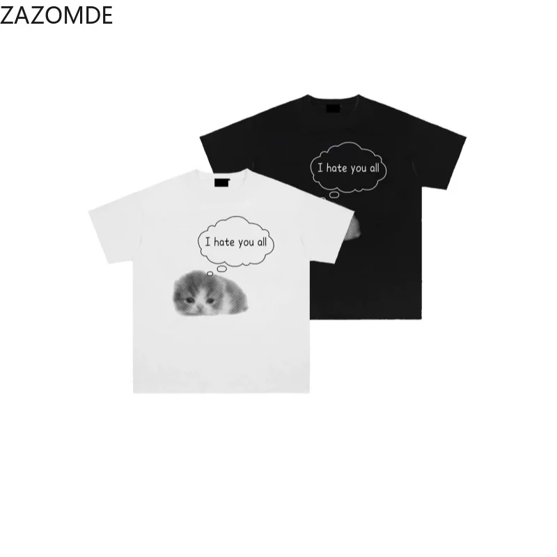 ZAZOMDE Aesthetic Dark Humor Pet Cat Printed T Shirts Short Sleeve Tops Funny Thought Bubble Text Graphic Hip Hop Casual Tees