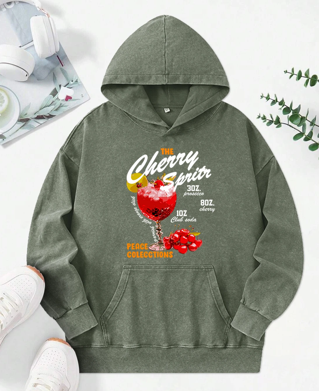 The Cherry Sprits  Print Women Washed Hoodie Street Comfortable Hoody Fashion Cotton Clothes Casual All-Match Female Pullover