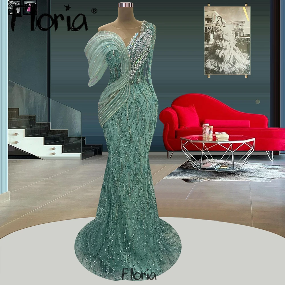 Glitter Turquoise Beading Luxury Evening Dress Ruffles Sleeve Crystals Prom Dress Women Wedding Dinner Party Gowns  Robe Soirée