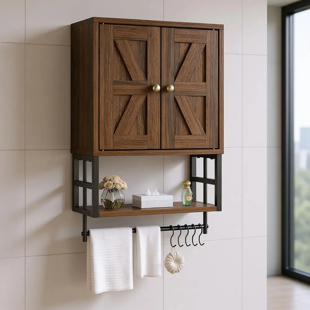 

3-Tier Wall-Mounted Storage Organizer with Adjustable Shelves, Towel Bar, 5 Hooks for Small Spaces