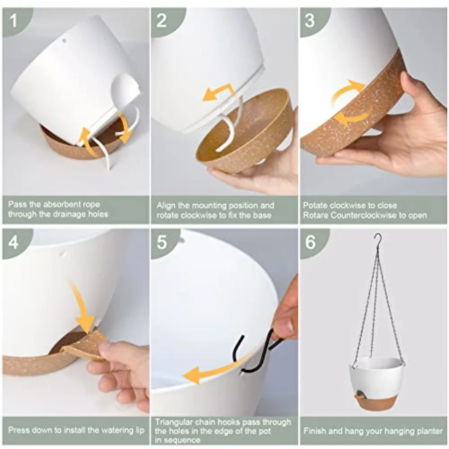 Maceteros colgantes para plantas de interior y exterior, paquete de 2 macetas colgantes de autorriego con orificios de drenaje, bandeja extraíble, color blanco, 8''