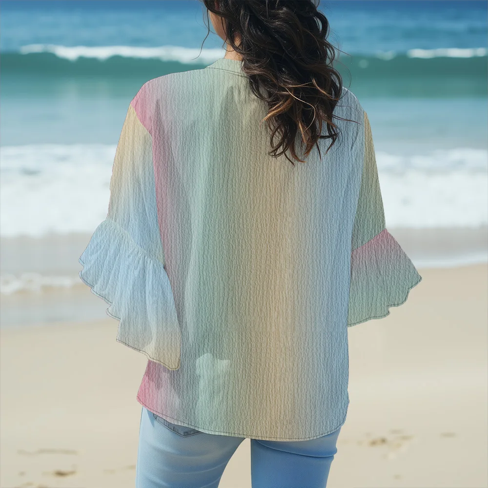 Women's Color Gradient V-Neck Flutter Sleeve Shirt Loose Fit Casual Beach Top Women Summer Holiday Blouse Rainbow-colored Top