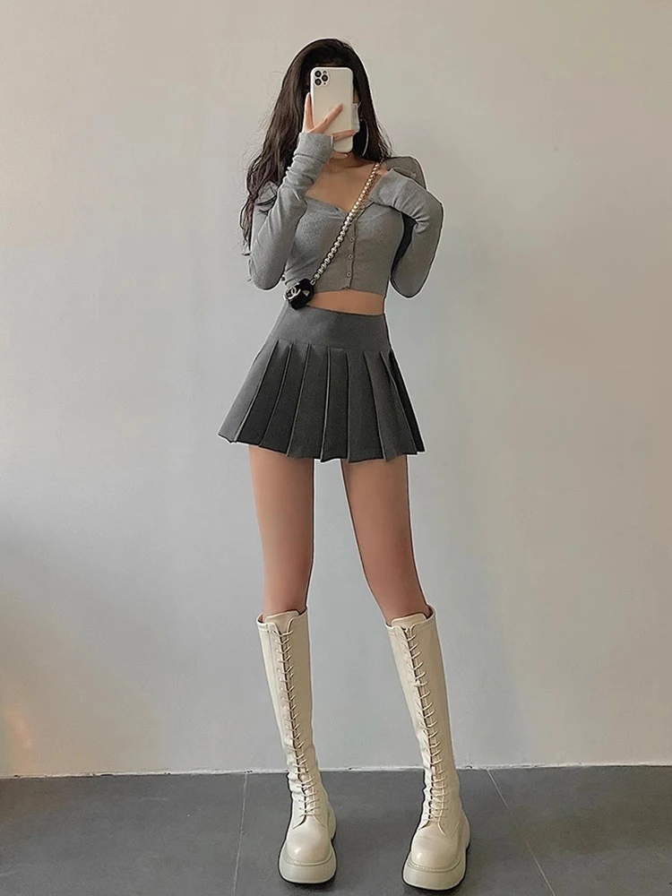 HOUZHOU Sexy Pleated Mini Skirt Women Fashion 2024 Grey Side Split High Waist A-line Slim Short Skirts Korean Y2K Skort Preppy