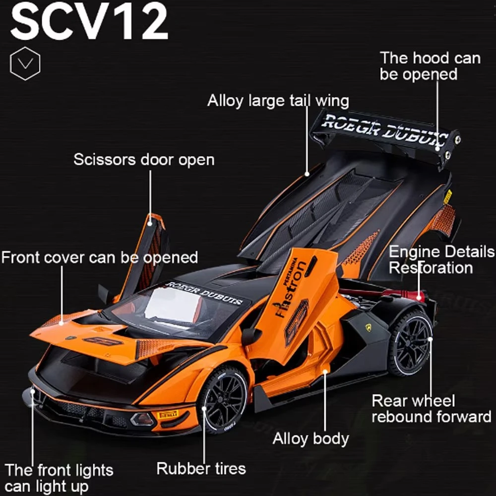 1:24 SCV12 Racing Car Model Toys Alloy Diecast Sound Light Pull Back Doors Opened Collection Home Decoration Vehicles for Kids