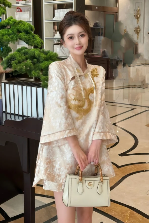

Neo-Chinese Style Set 2025 Dragon Embroidery Blazer & Skirt Vintage Cropped Jacket with Frog Buttons Chic Suit for Women