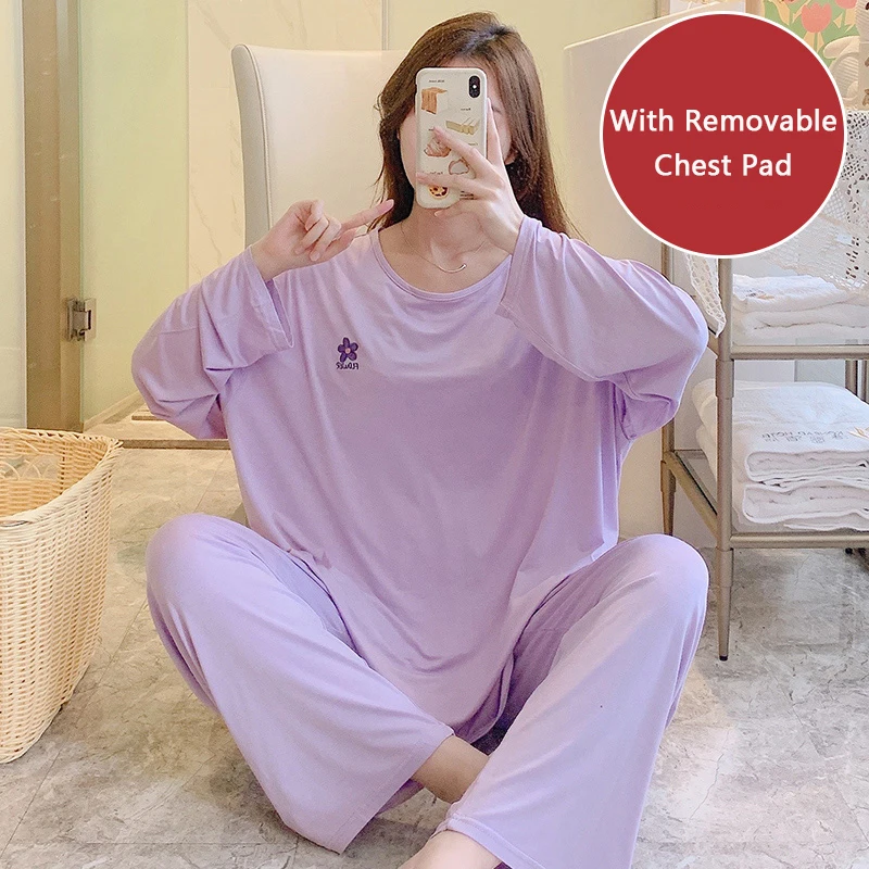 

Spring and Autumn Women's Pure Cotton Round Neck Pullover Pajamas Solid Color Loose Plus Size Large Size Pajamas Set Home Clothe