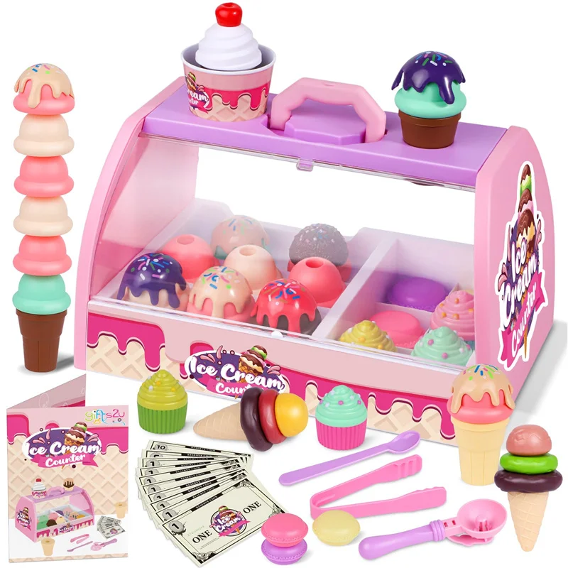 New Kids Pretend Ice Cream Play Set Toy, Girl Simulated Food Store Kit Stacking Games Educational Toys For Boy DIY Gift