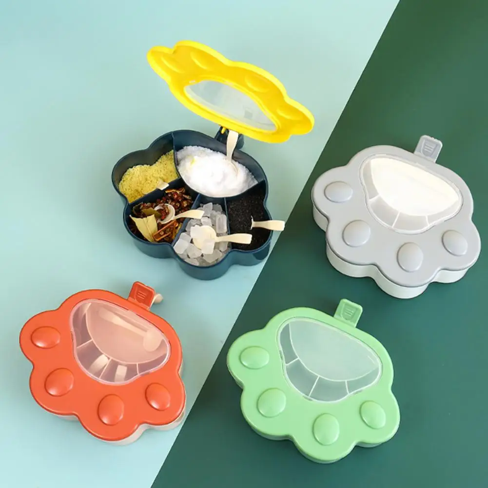 Condiment Dispenser 1 Set Seasoning Box Large Capacity Classify Storing Plastic Cat Paw Shape 5 Grids Kitchen Gadget