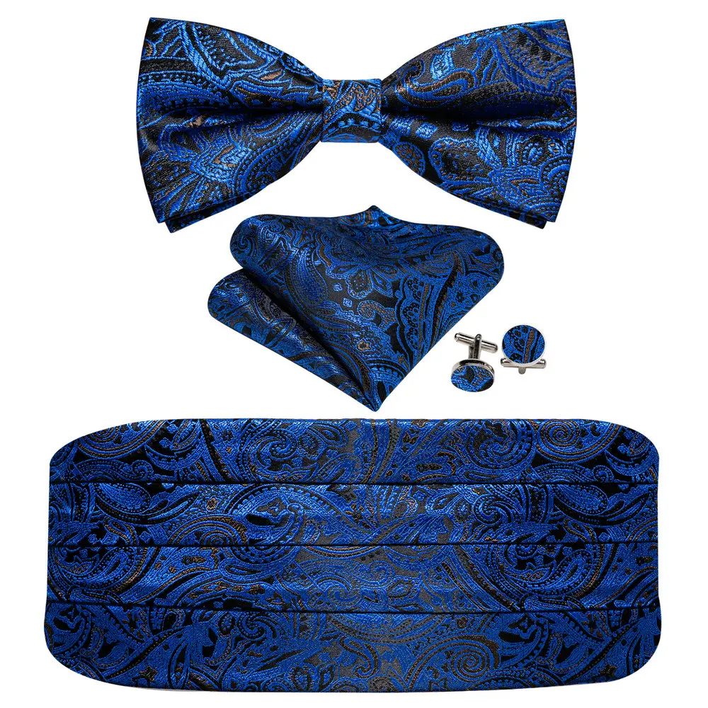 Navy Blue Cummerbund Men Silk Bowtie Pocket Square Cufflinks Sets Classic Paisley Male Accessories Wedding Party Barry.Wang 1031