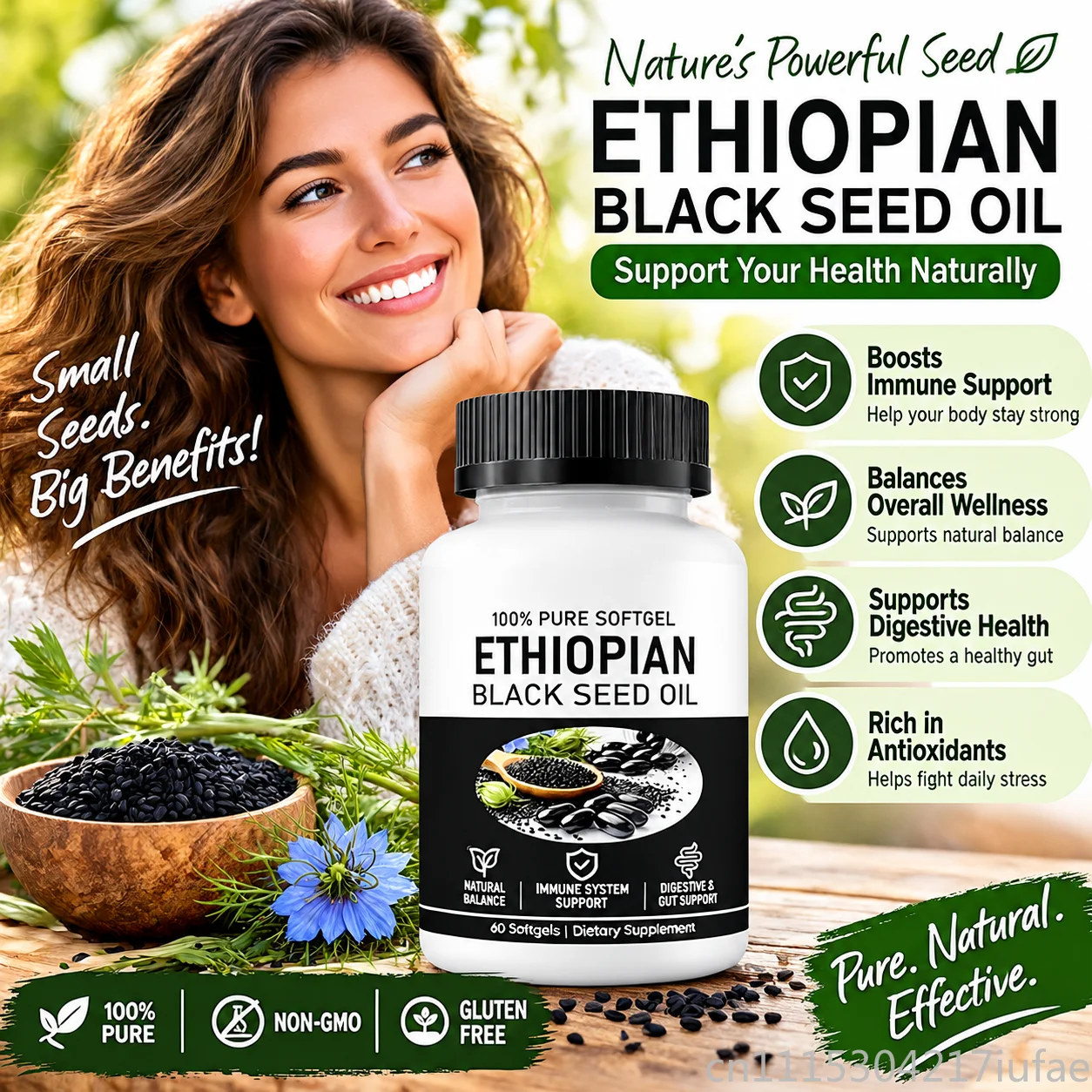 Ethiopian Black Seed Oil 100% Pure Softgels Immune Digestive Gut Support 60 Dietary Softgels