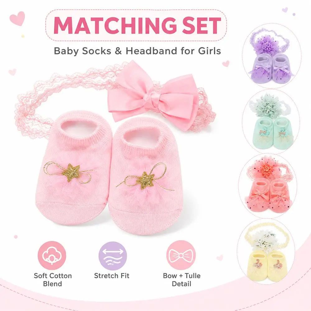 Gifts Floral Lace Baby Socks Set Cotton Blend Tulle Baby Headband Set Bow Decor Soft Stretch Infant Socks Set Infant Girls