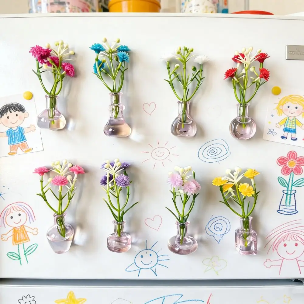 3D Design Magnetic Vase With Artificial Flowers DIY Mini Glass Mini Vase Magnets Round Base Magnetic Back