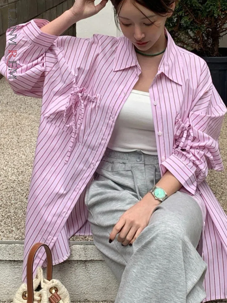 LANMREM Casual Sunscreen Striped Shirt For Women Lapel Single Breasted Pockets Design Blouses 2024 Autum New Clothing 2Z2055