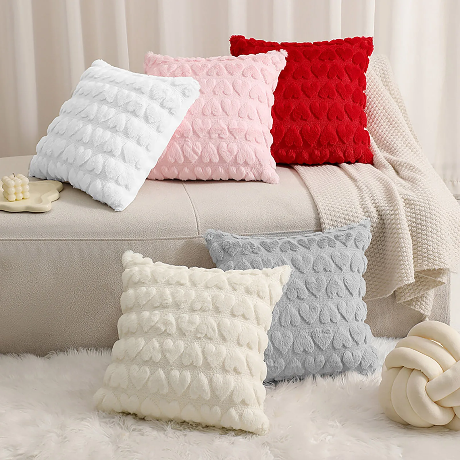 

Throw Pillowcase 3D Heart Pattern Short Plush Pillow Cover 45*45cm Hidden Zipper Closure Pillow Cover Sofa Party Cushion Cover