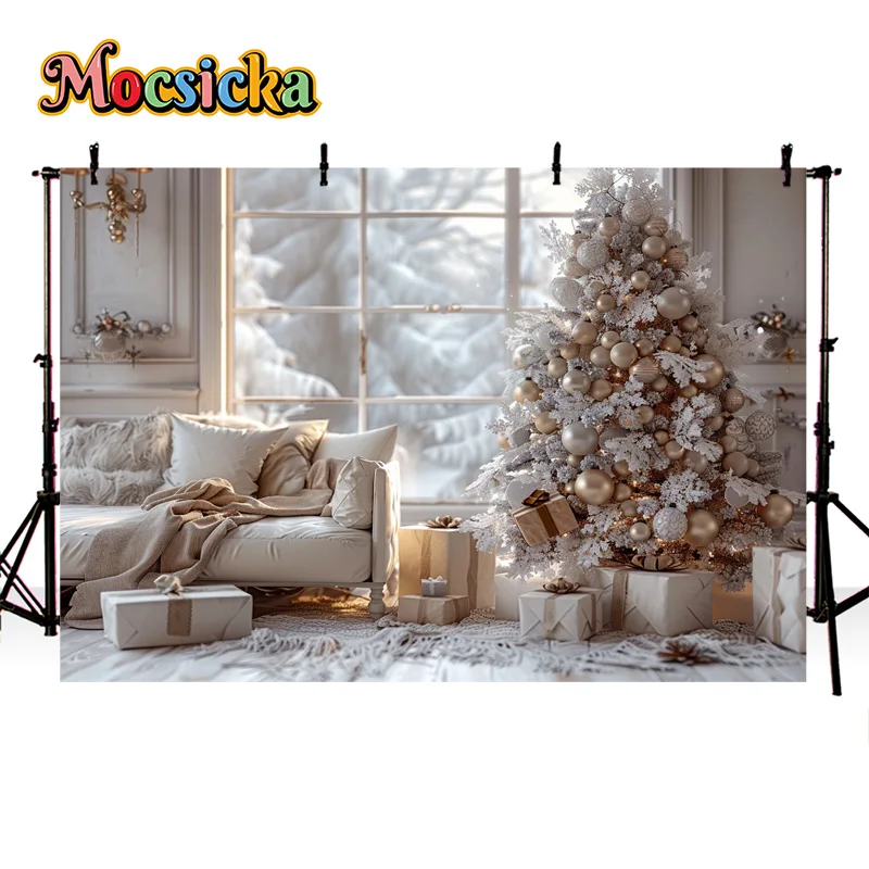 Mocsicka Winter Photography Background Christmas New Year Party Xmas Tree Sofa Window View Backdrop Family Portrait Photo Banner