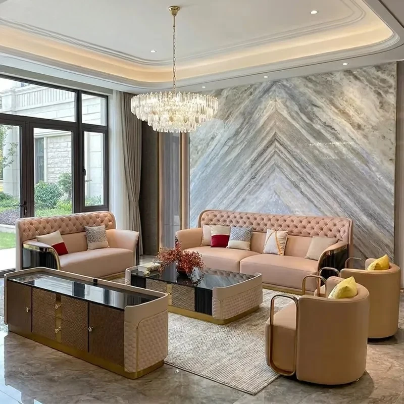Tufted Champagne Premium Genuine Leather Sofa Set Modern Couch Living Room Furniture One-stop Solution for Villa